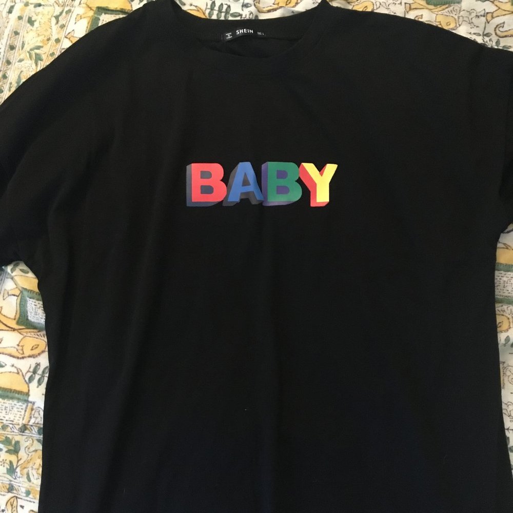 "Baby" T-Shirt Dress, Black/Rainbow, Short-Sleeve